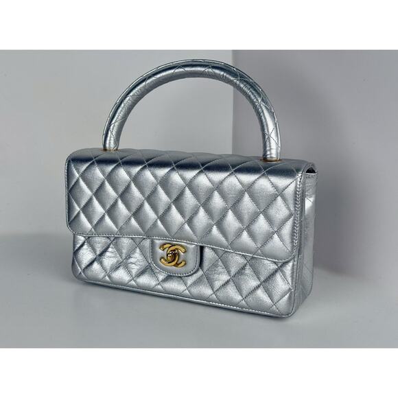 Chanel Top Handle Handbag Metallic Silver Quilted Leather Small - Picture 1 of 12